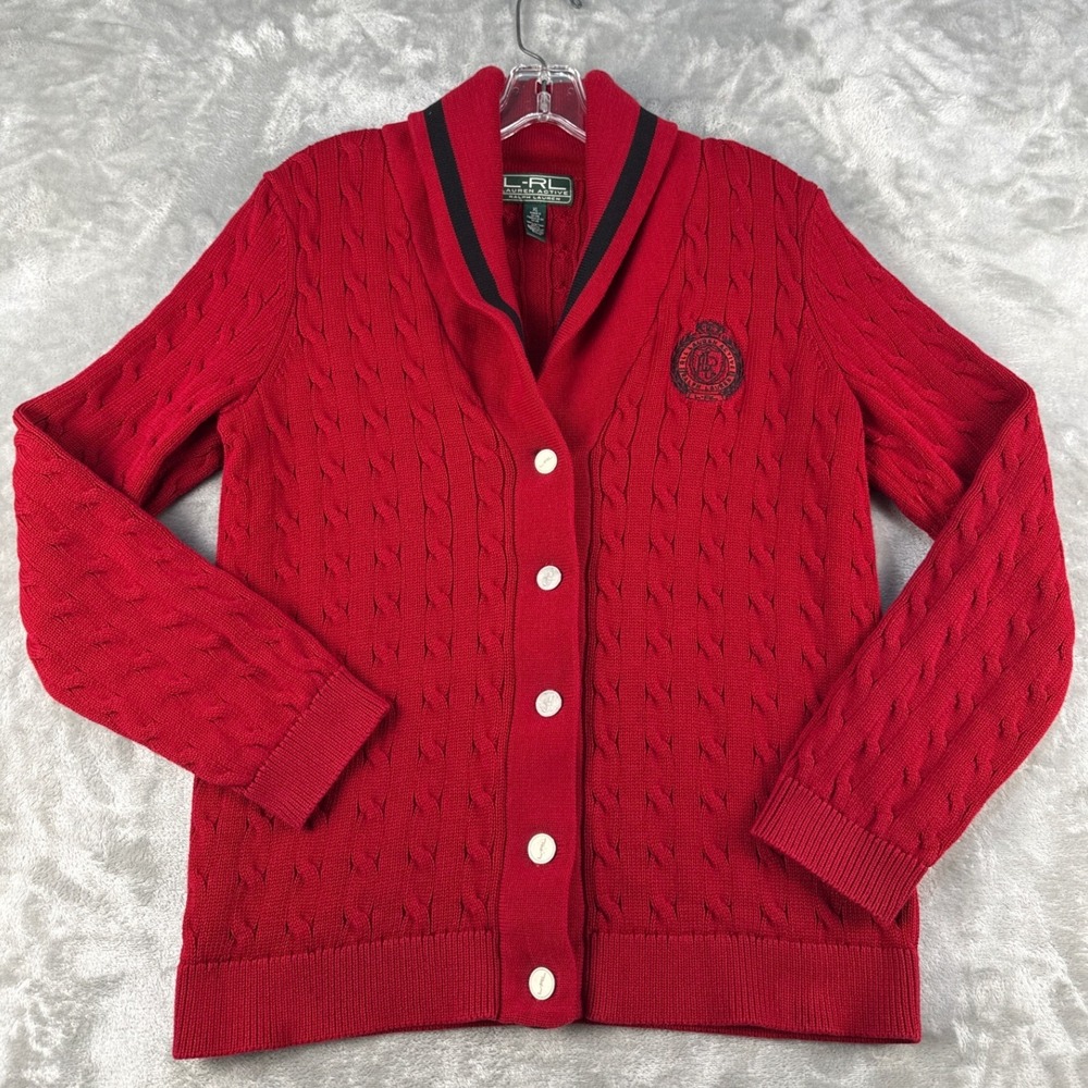 Lauren Active Ralph Lauren Cardigan Womens XL Shawl Collar Red Cable Knit EUC